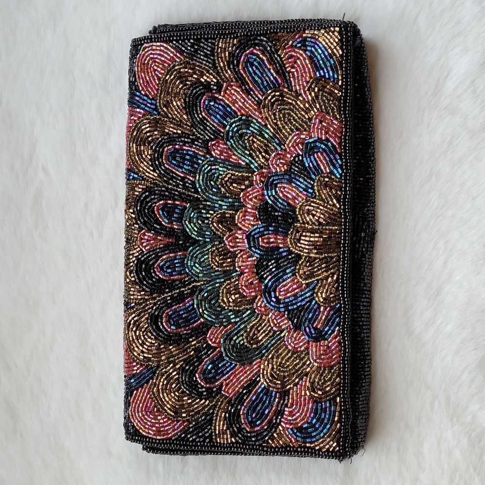 Stunning Colorful Peacock Hand Beaded Art Small Clutch Purse